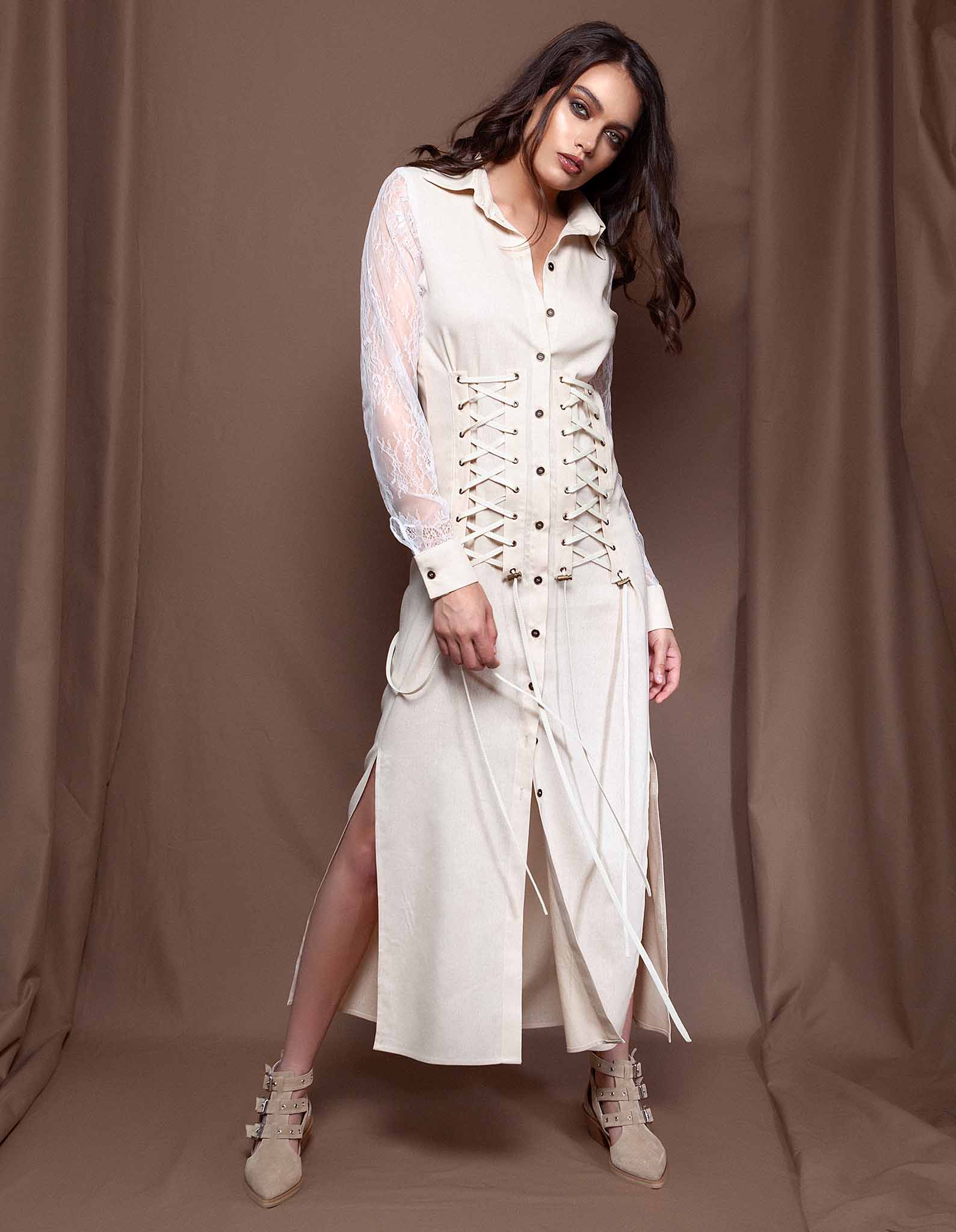 Rochie din in bej deschis MILONIA